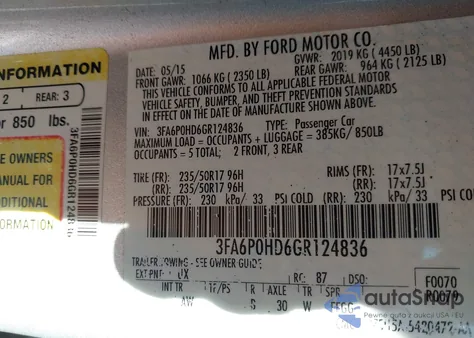 2016 Ford Fusion Se из США, поврежденный, VIN 3FA6P0HD6GR124836